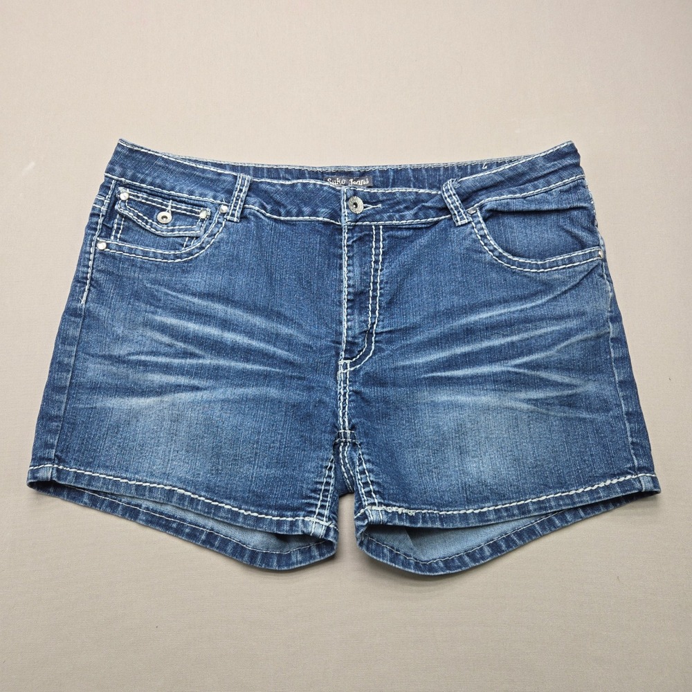 Suko Jeans Denim Shorts Thick Contrast Stitch Rhinestone Blue Women Size 16
